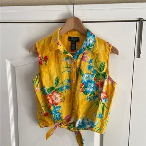 Lauren Ralph Lauren Linen Yellow Floral Sleeveless Blouse size petite large